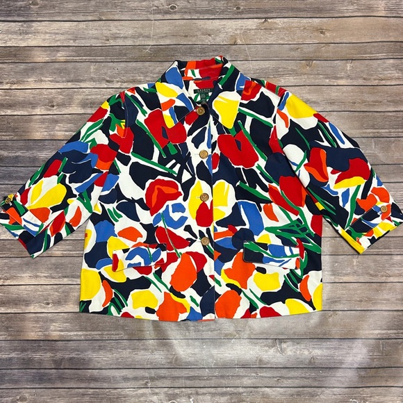 Ralph Lauren Floral Watercolor Red White Yellow Blue Button 3/4 Sleeve Jacket 2X - Picture 7 of 11